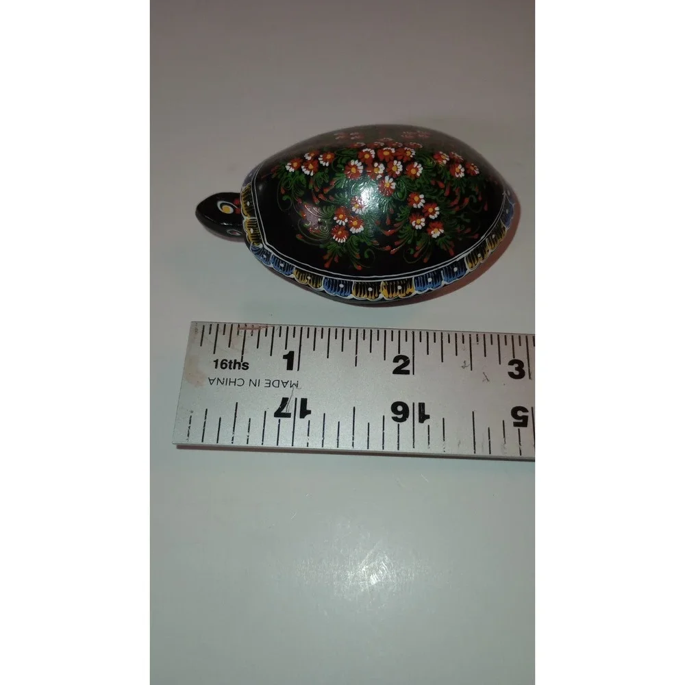 Black Lacquer Wood Hand Painted TURTLE Trinket Keepsake Box Oval